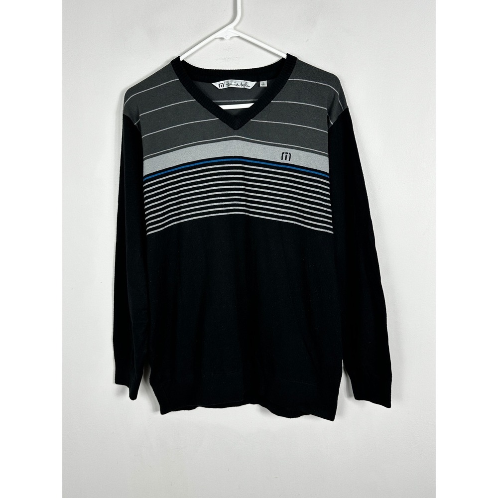 Travis Mathew V-Neck Sweater Black Grey Long Sleeve Knit Stripe Mens Sz XL Golf